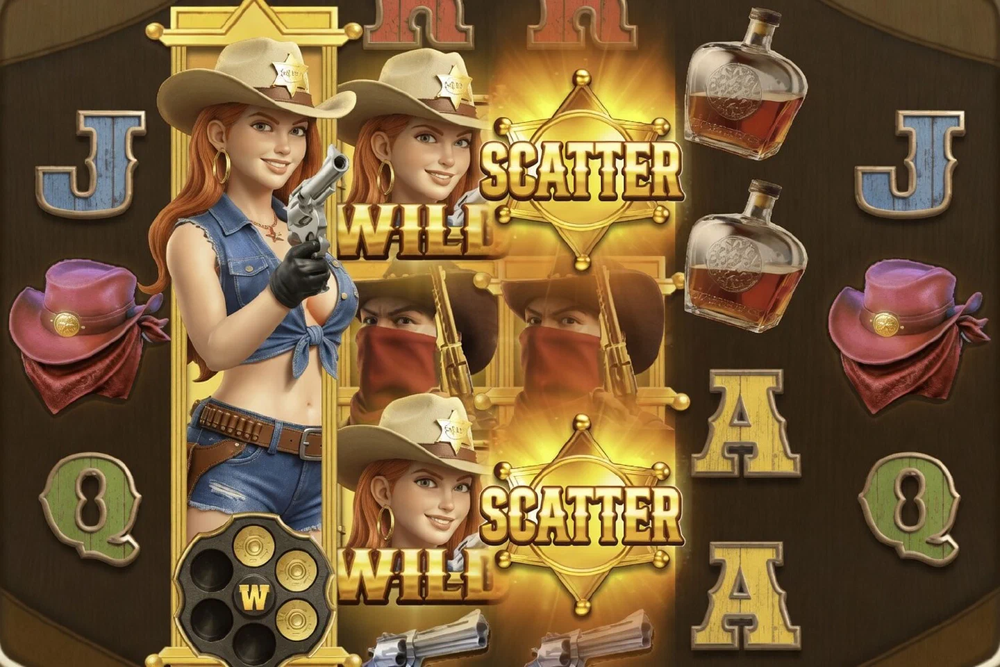 Wild Bounty Queen 2048 base game: the bounty queen as a full-reel wild on reel 2, with sheriff star scatters beside her